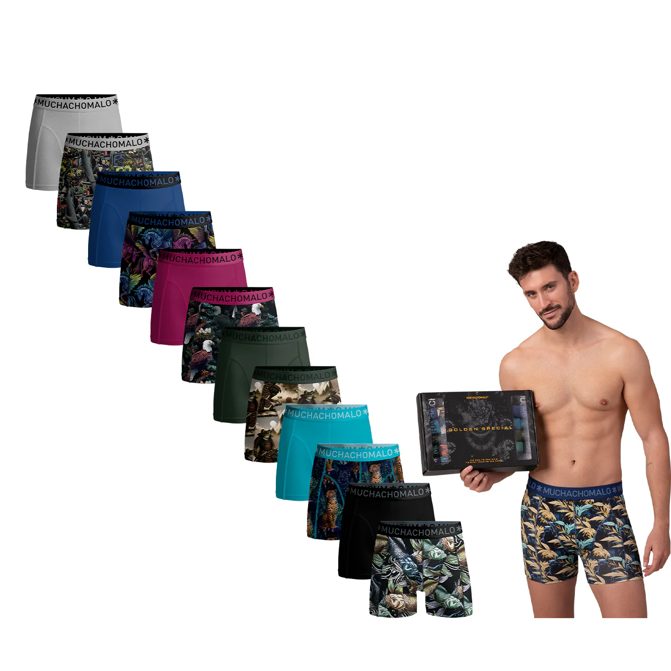 12 - Pack Golden Boxer Short U-GOLDEN1010 12 Print/Green/Red/Blue/Grey